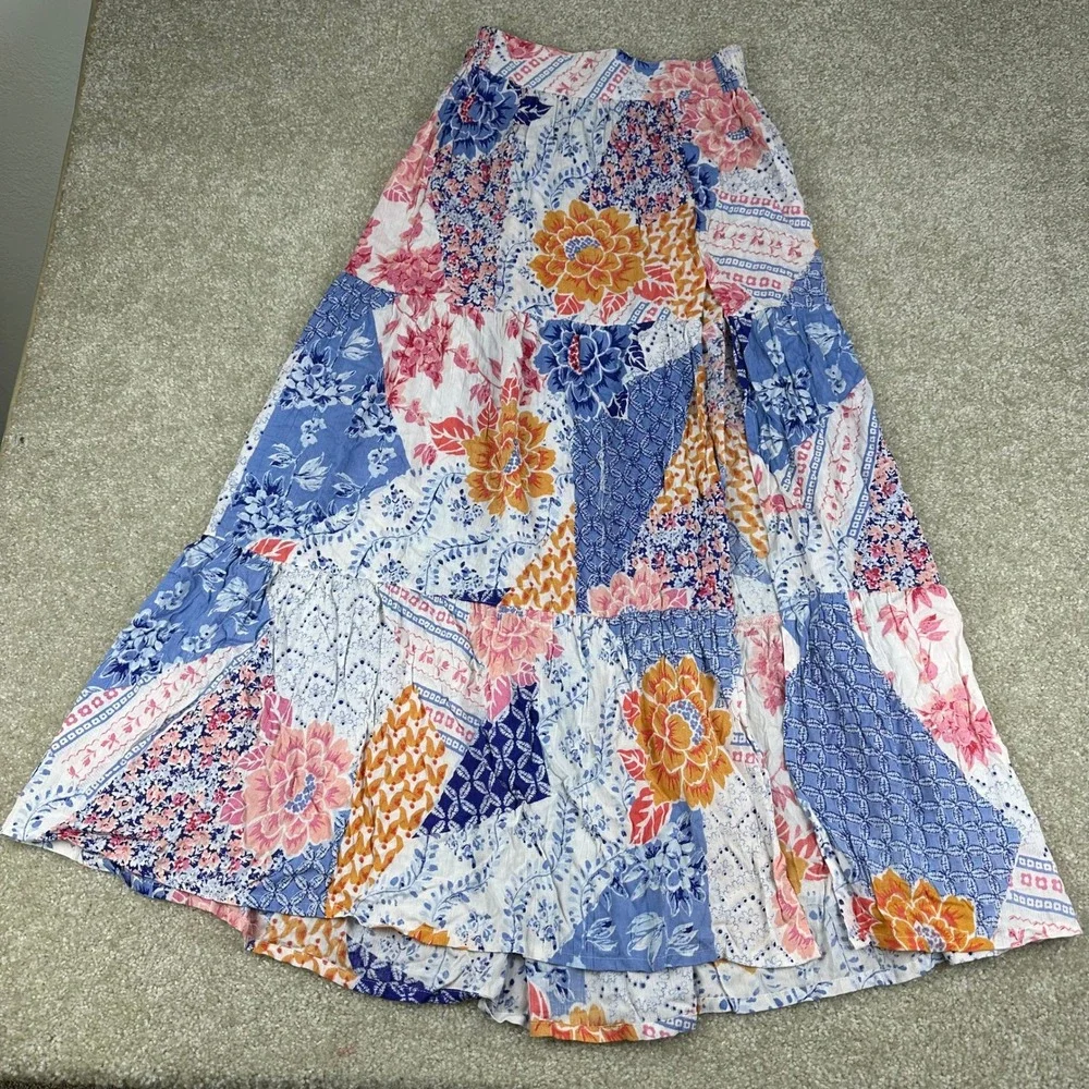 Angie Boho Patchwork Floral Maxi Skirt Small Slit Festival Cottagecore Coastal